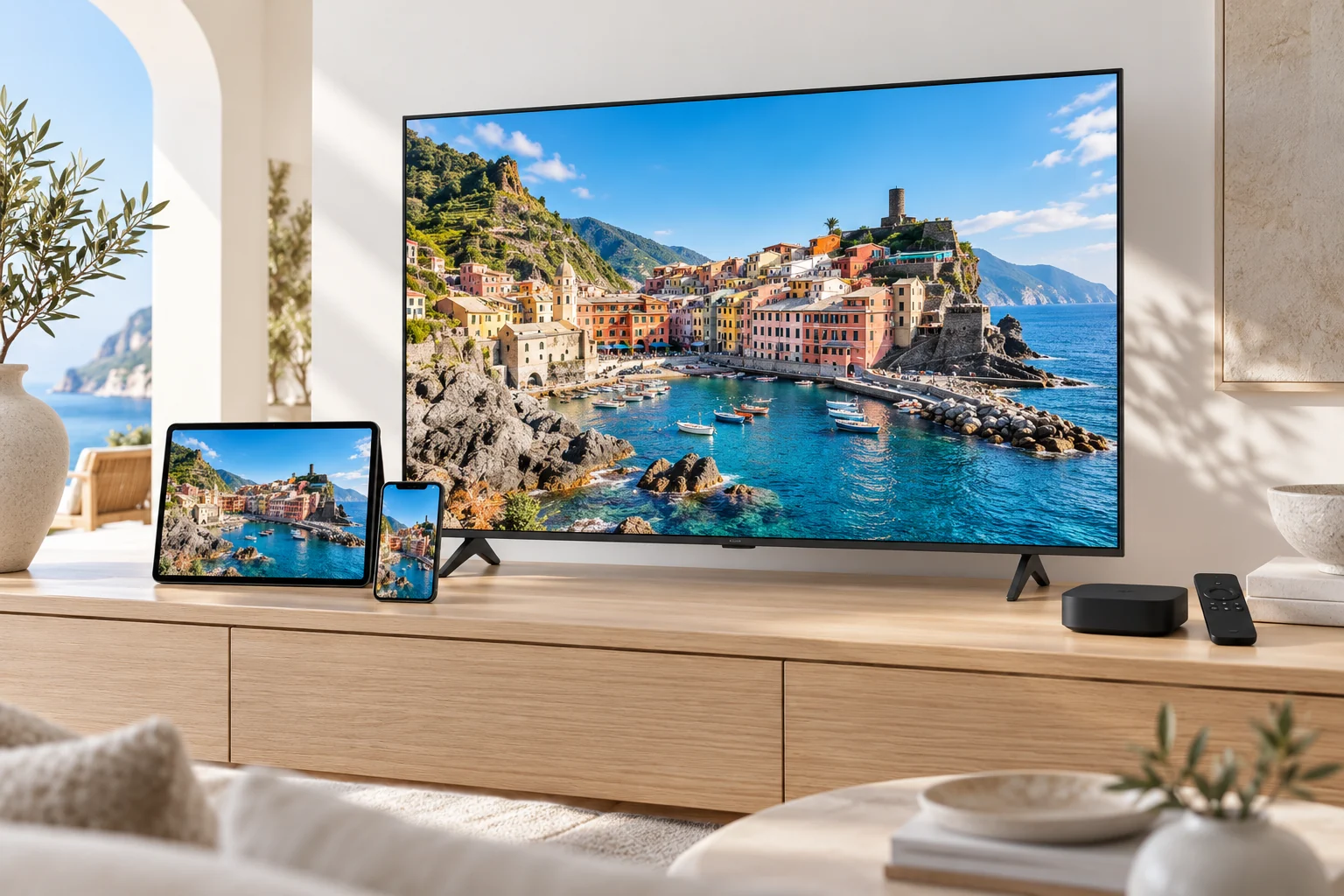 Travel documentary on television tablet and phone