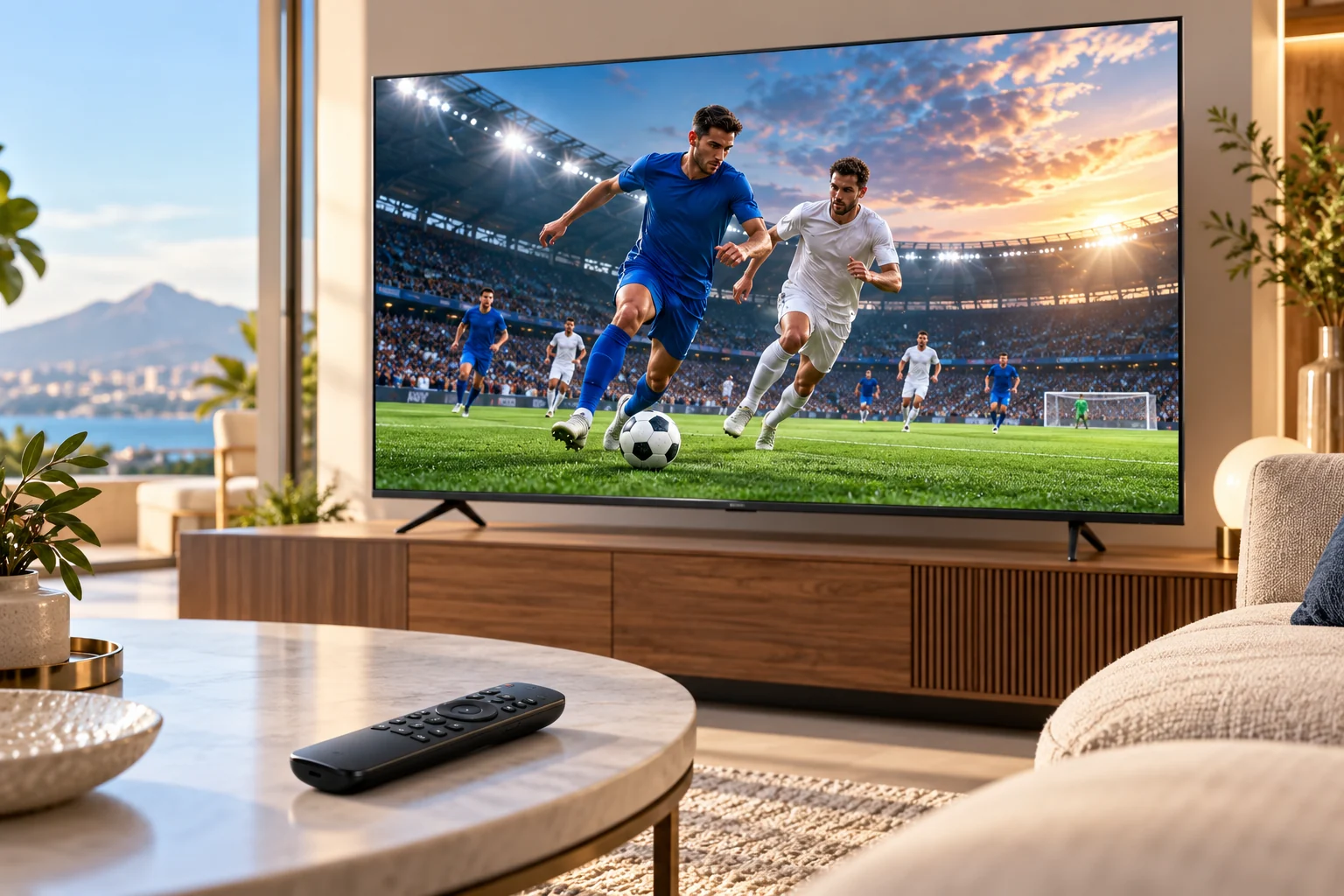 Football playing on a modern home television