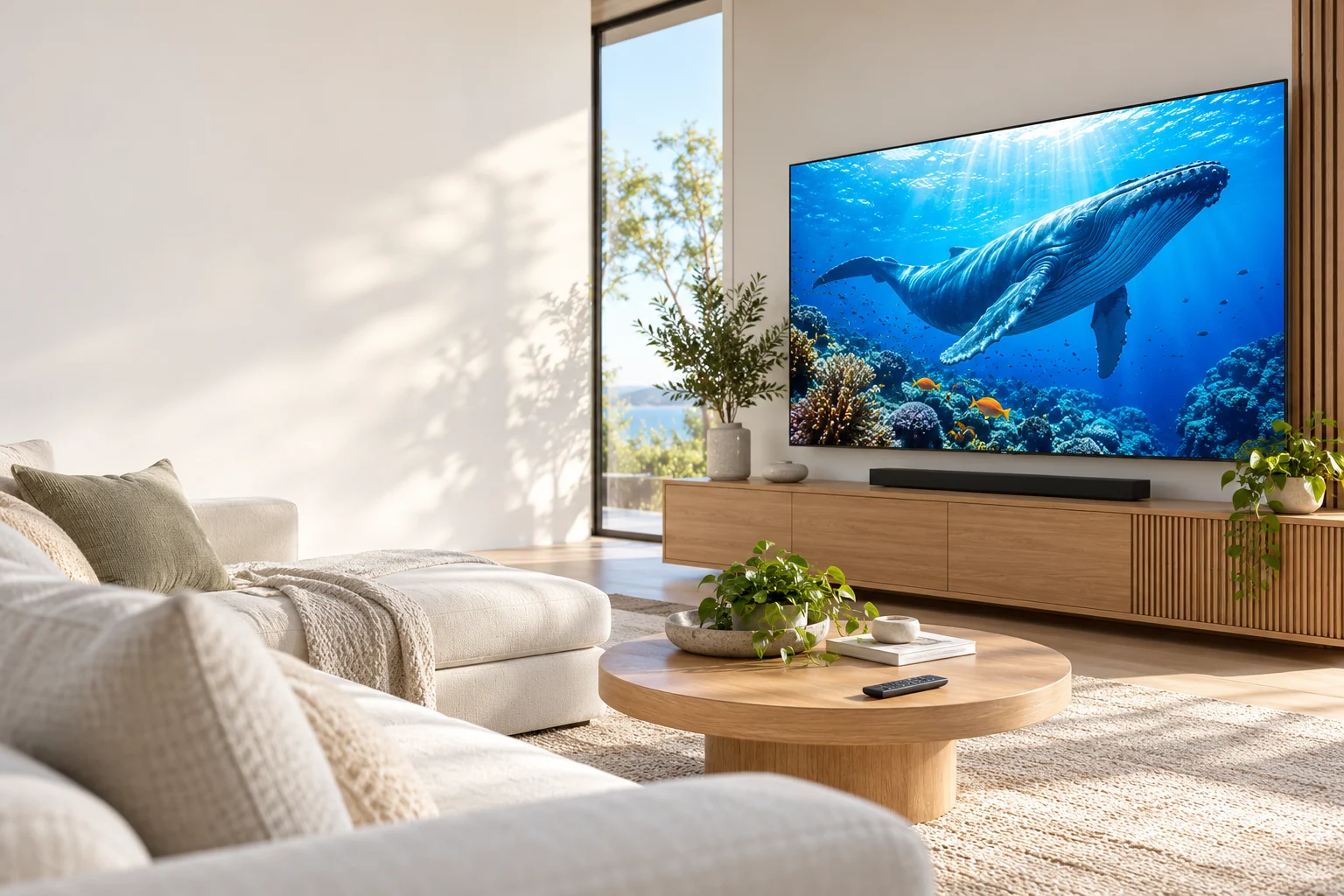 Bright home television displaying an underwater whale documentary